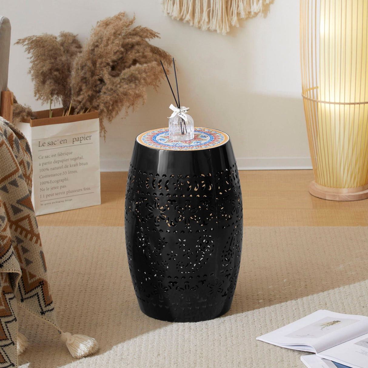 Ruby Boho Mosaic Side Table with Ceramic Tile Top