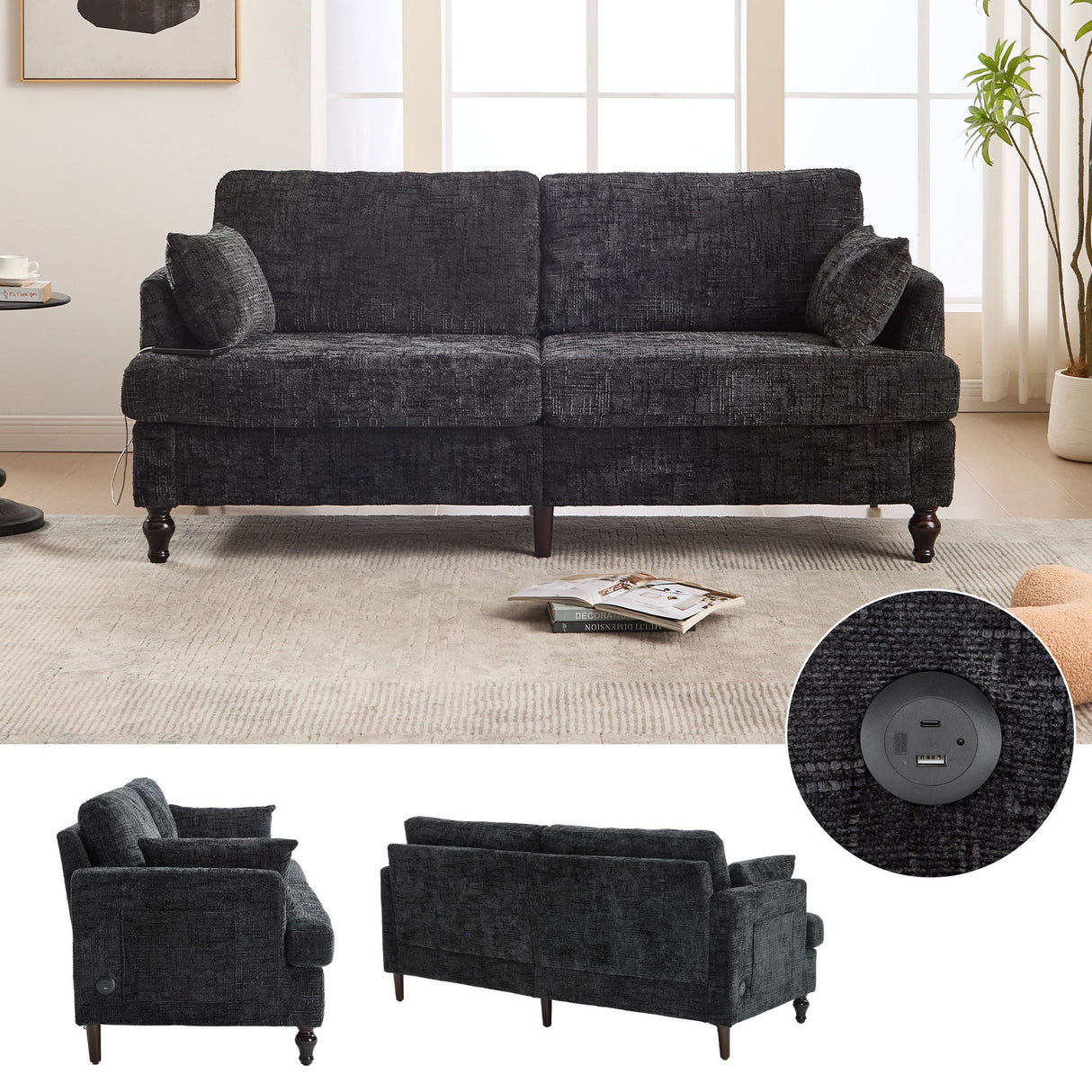 2 Seater Sofa With LED Light, USB Charging Port, And Storage Bag