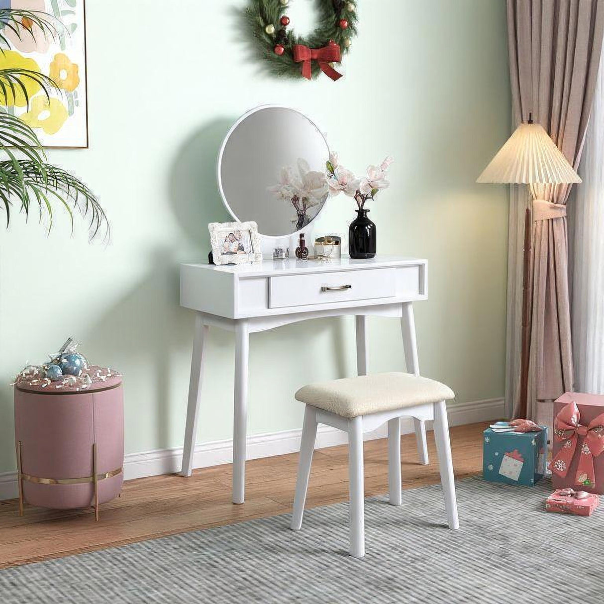 Maly Contemporary Wood Vanity and Stool Set
