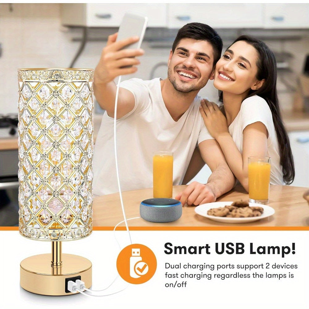 Set of 2 Crystal Table Lamps – Touch Control USB Bedside Lights, 3-Way Dimmable