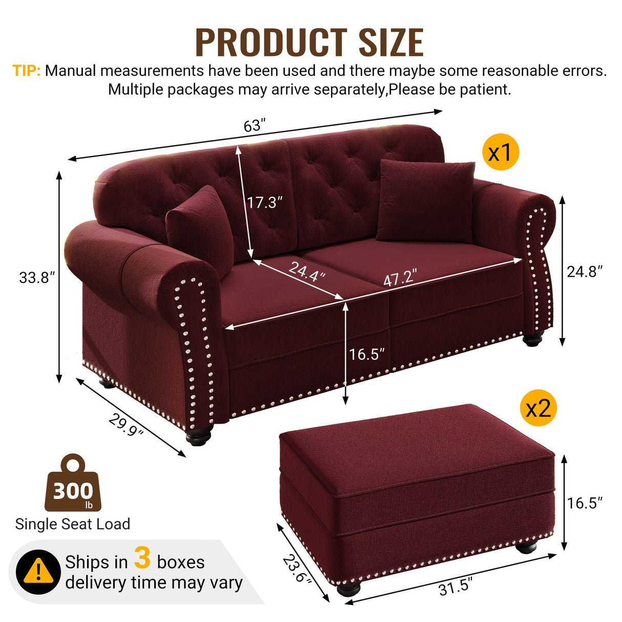 Upholstered Sofa Set With Nailhead Trim and Rolled Armrests, Includes Pillows