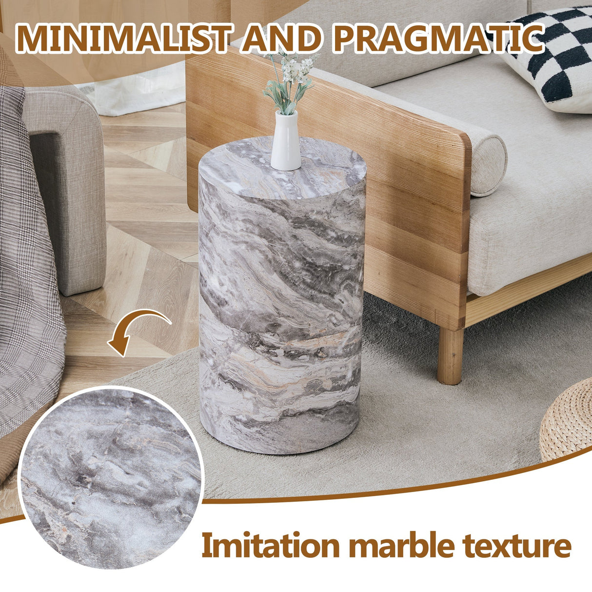 Simple Grey Marble Textured Cylindrical Coffee Table