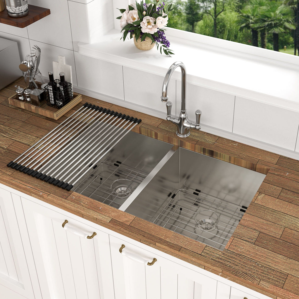 Undermount Double Bowl Kitchen Sink 16 Gauge With 9" Deep Basin - Brushed Nickel
