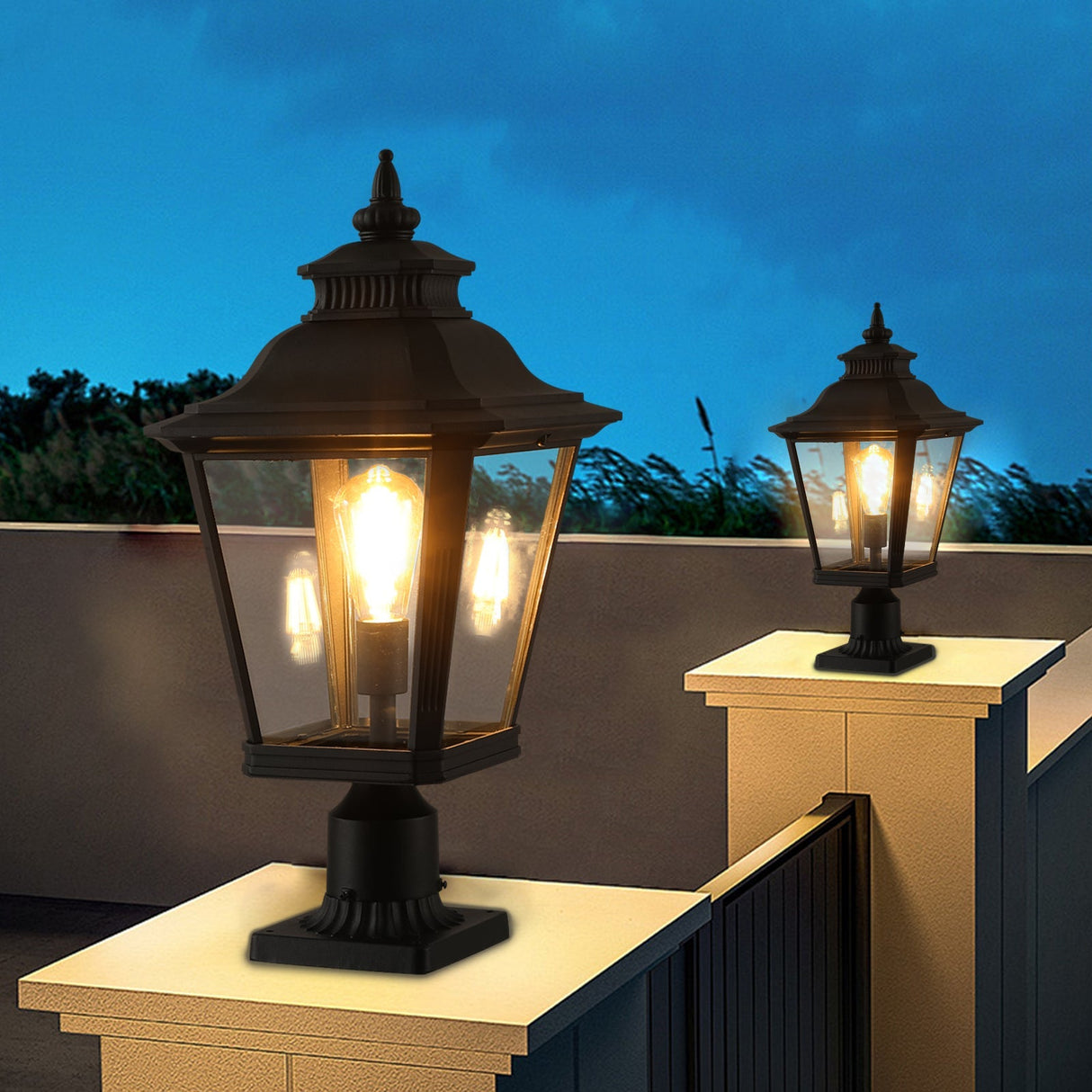 21' Outdoor Post Lantern Light 2-Pack – Vintage Black Metal & Clear Glass