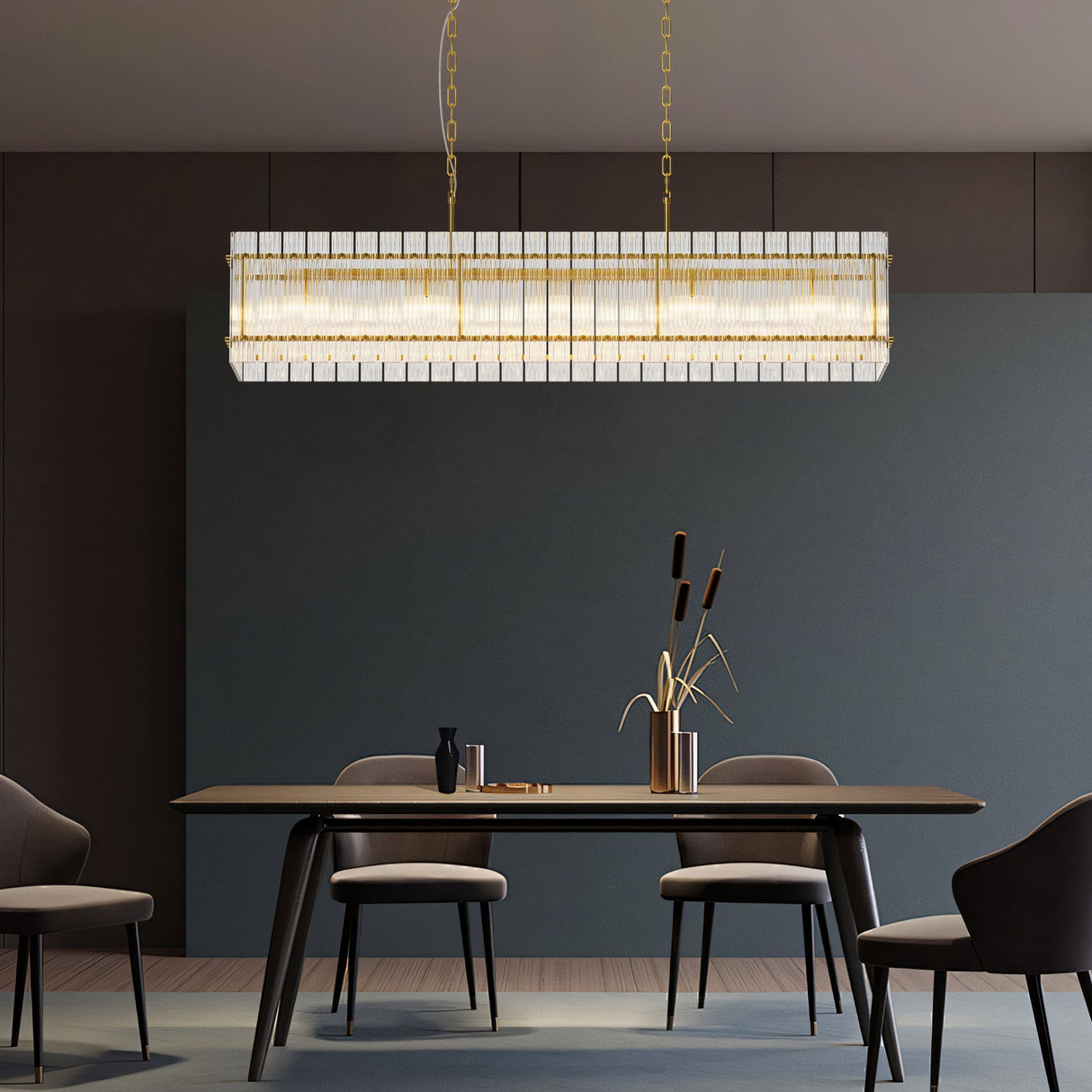 Modern Rectangular Crystal Glass Chandelier, 10-Lights Glod Chandelier Lighting Contemporary Pendant Ceiling Light Fixture for Dining Room Living Room Kitchen Island
