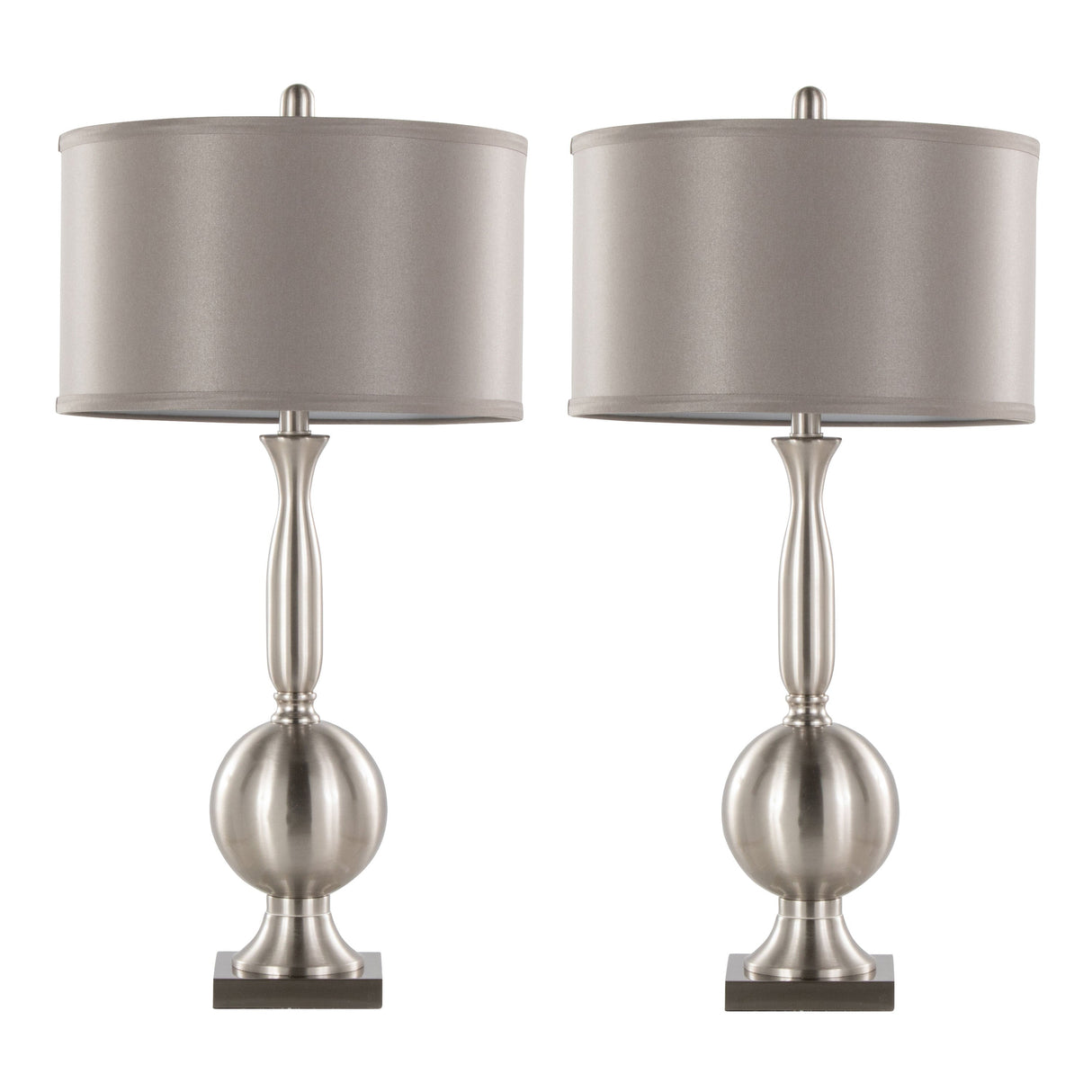 Joan 30" Contemporary Metal Table Lamp Set in Brushed Nickel with Grey Satin Shade - Set of 2