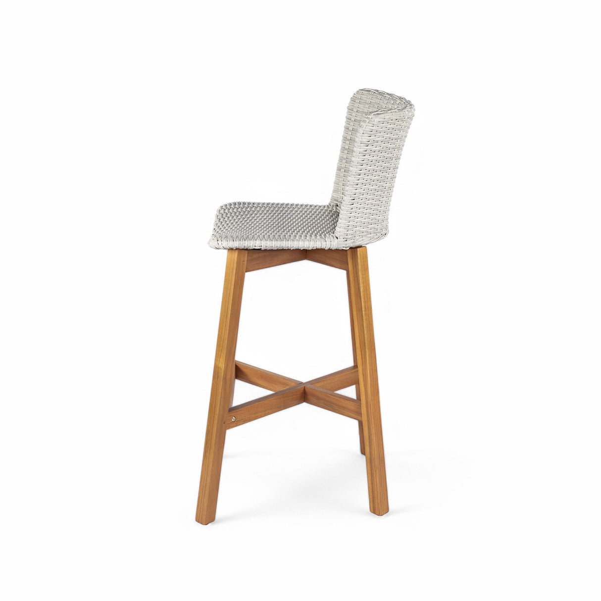 Lymington Outdoor Bar Stool Set of 2, Teak Finished Wood with Light Grey Wicker