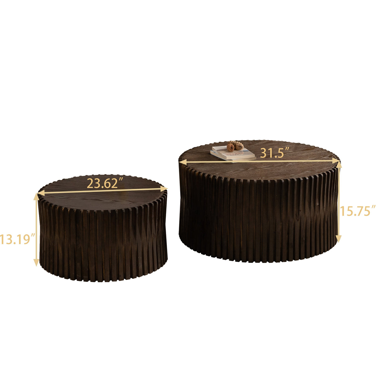 Vintage Style Cylindrical Nesting Coffee Table Set with Textured Embossed Design in Dark Brown MDF+Fir