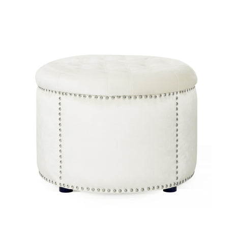 Elegant-Round-Ottoman-with-Studded-Rim-in-Beige-Velvet-Ottomans