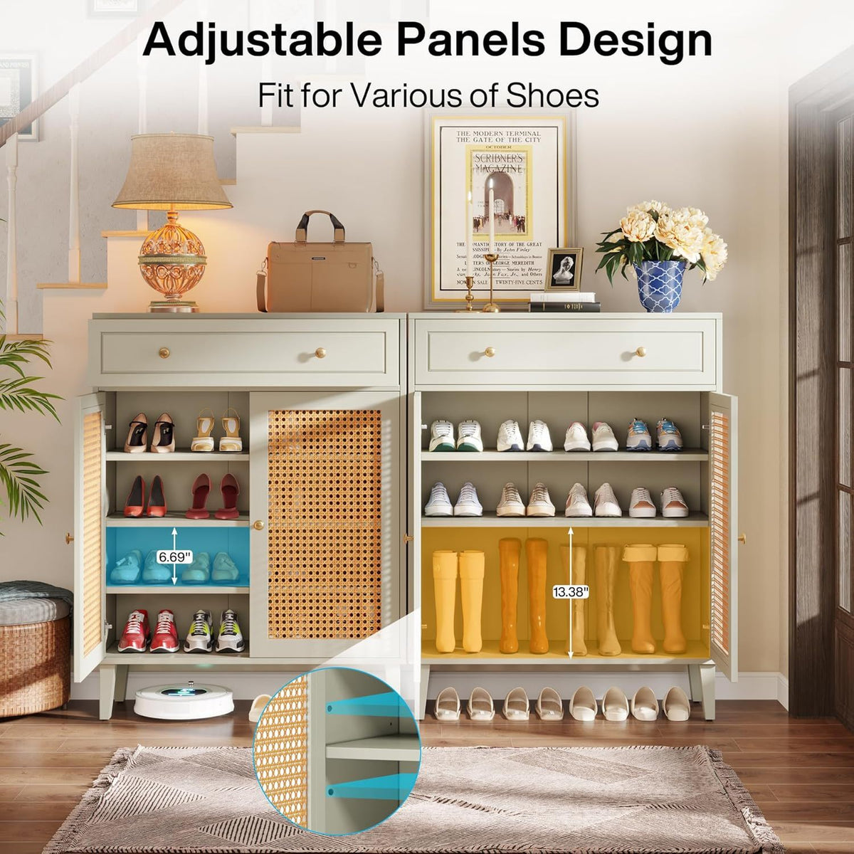 Shoe Cabinet With Rattan Doors And Drawer, 4 Tier Storage Organizer - Mint Green
