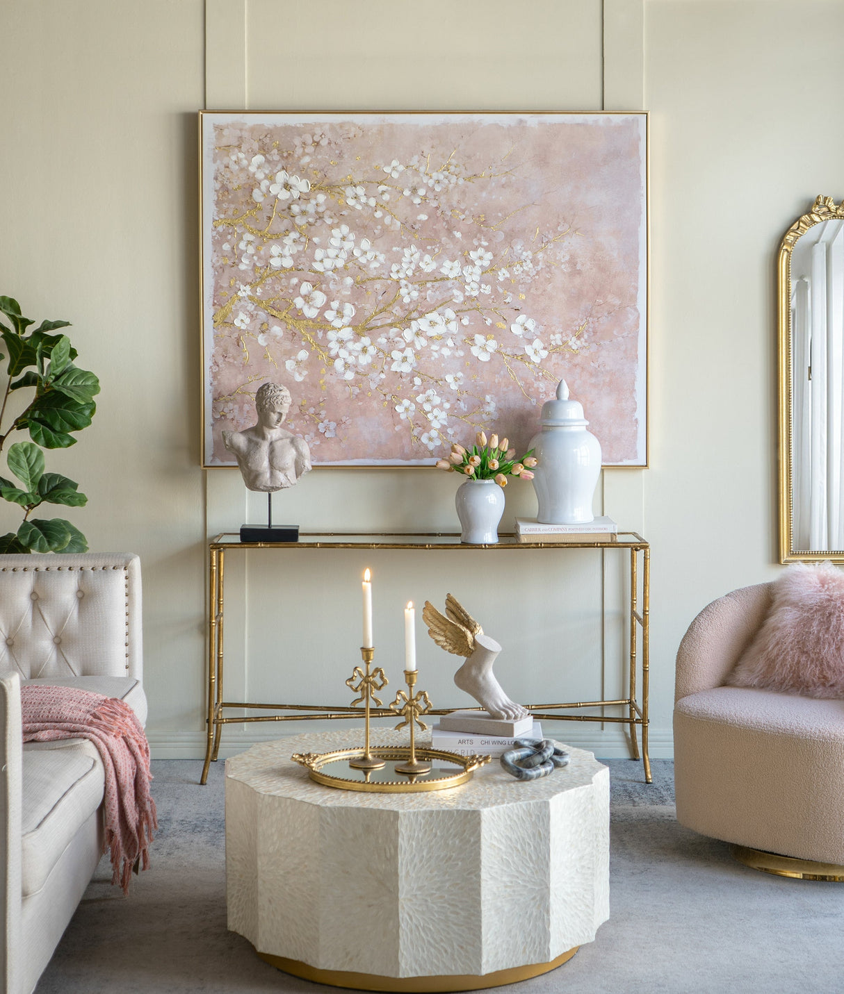 59.1x47.2' Hand-Painted Cherry Blossom Canvas Art with Blush Pink and White Finish