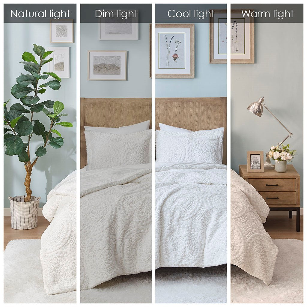 King/Cal King Embroidered Medallion Faux Fur Ultra Plush Comforter Mini Set