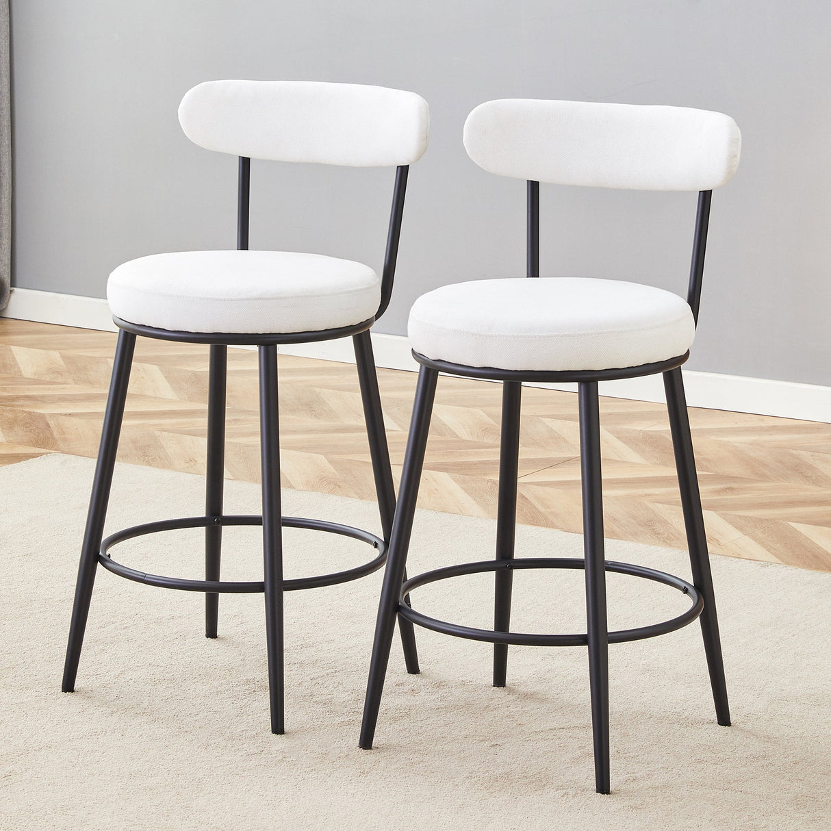Fashionable Ergonomic High Legged Bar Chairs with White Fabric Cushions - Set of 2