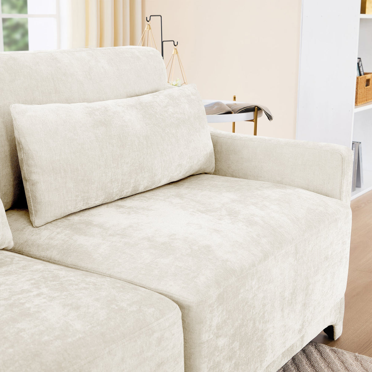 Elegant Four-Seater Sofa with Movable Ottoman and Lumbar PillowBeige