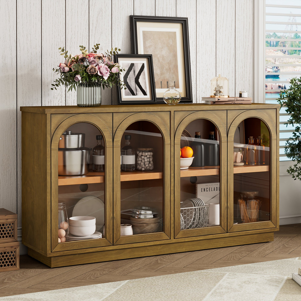 Arched Storage Cabinet with Glass Doors