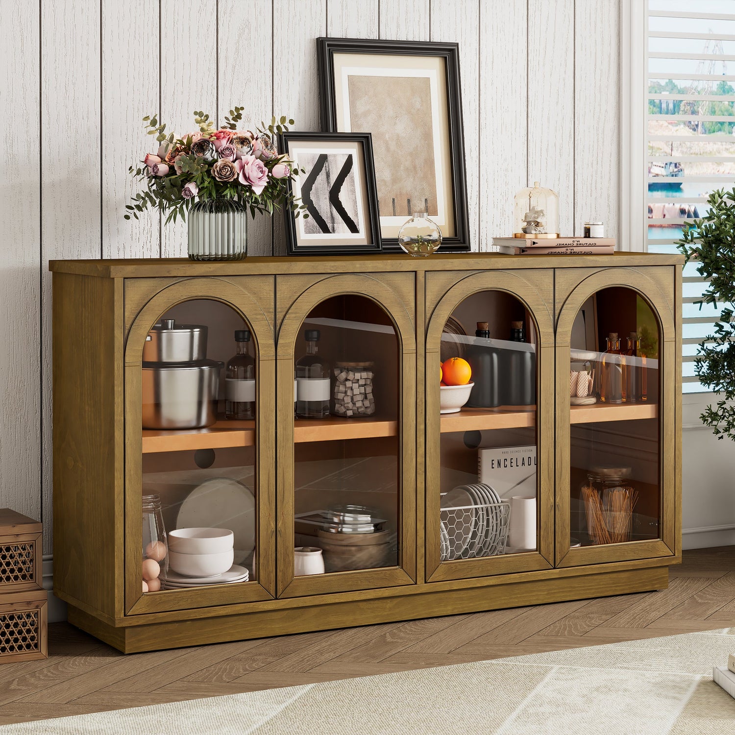 Arched Storage Cabinet with Glass Doors