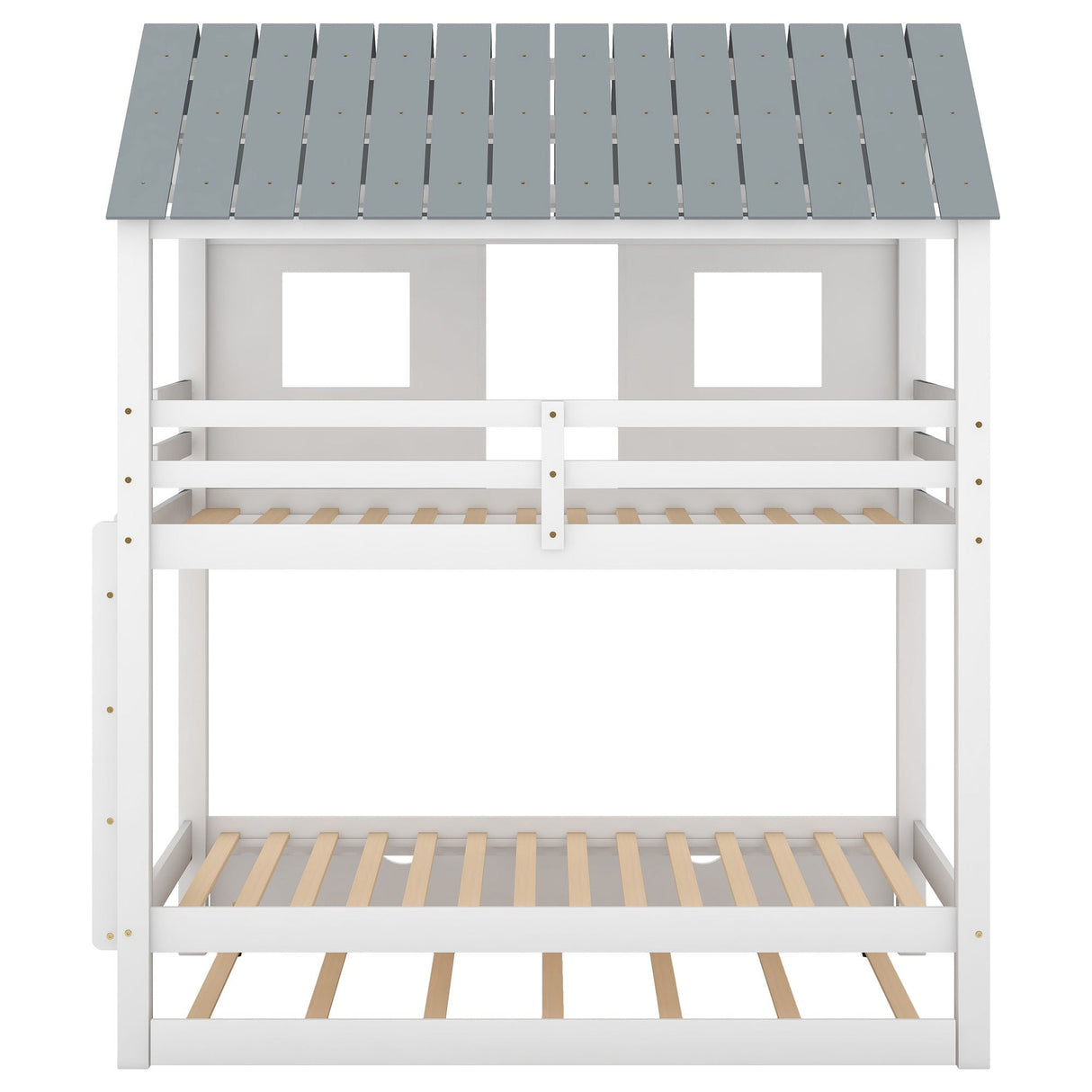 Twin Size House Bunk Bed With Trundle, Roof And Windows - White / Gray