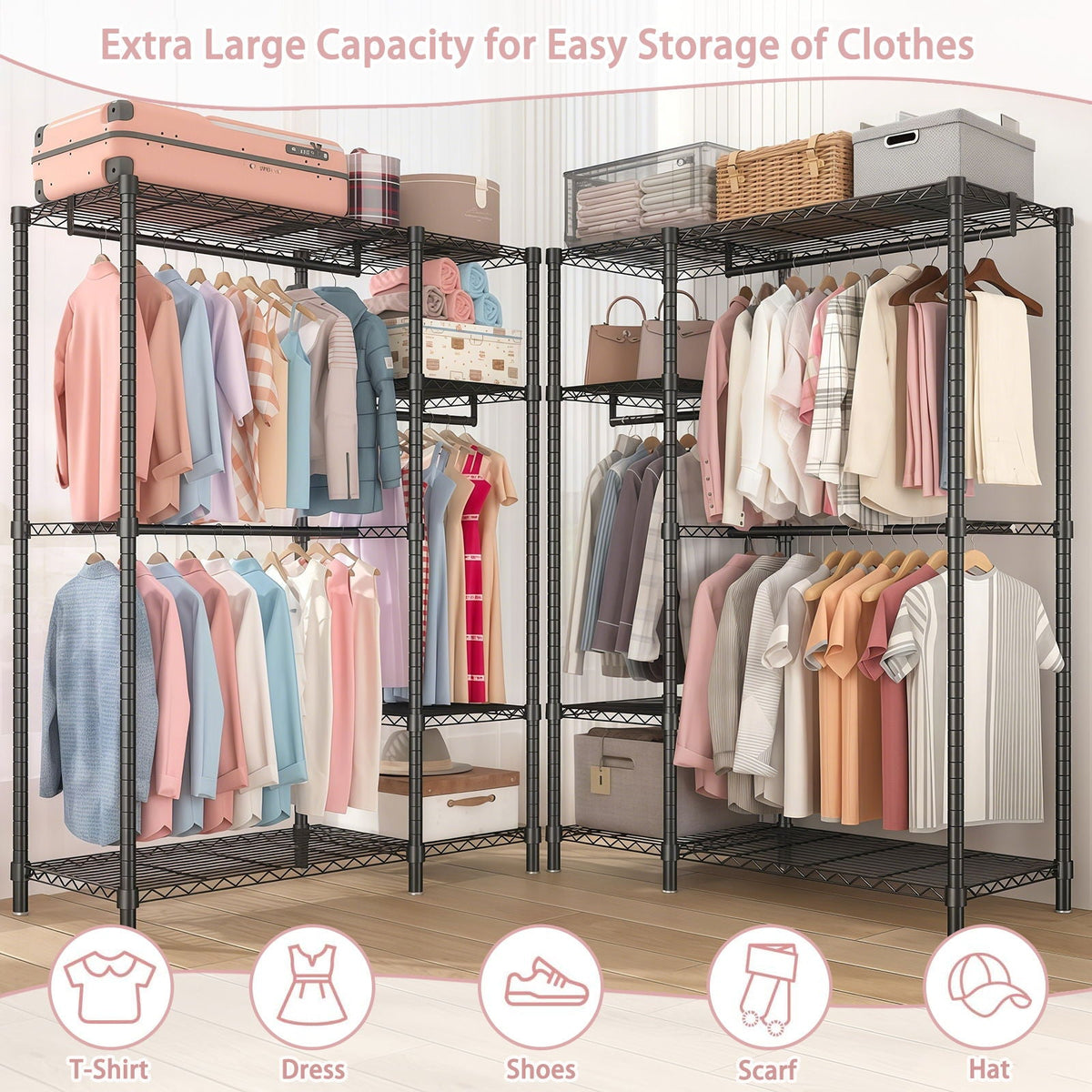 Freestanding Clothes Rack, With 6 Adjustable Wire Shelves And 3 Garment Rails - Black