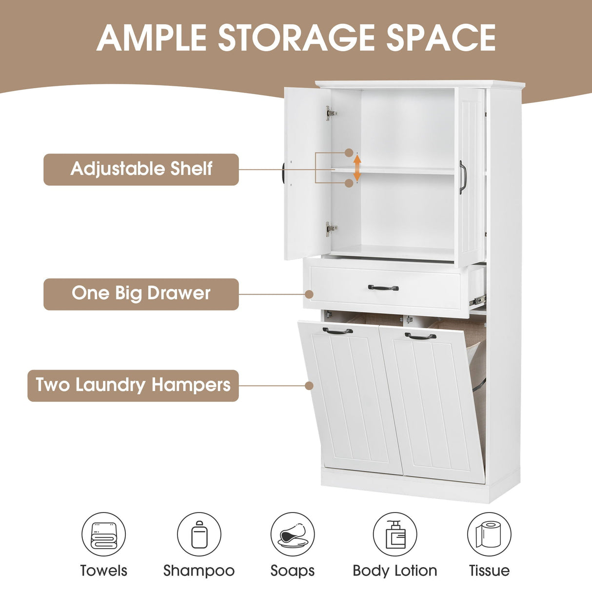 Modern Bathroom Storage Cabinet With Two Laundry Baskets, One Drawer, Adjustable Shelf