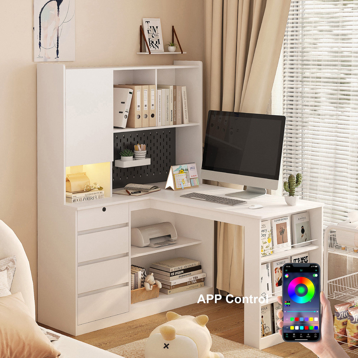 L Shaped Desk with Charger and Drawers