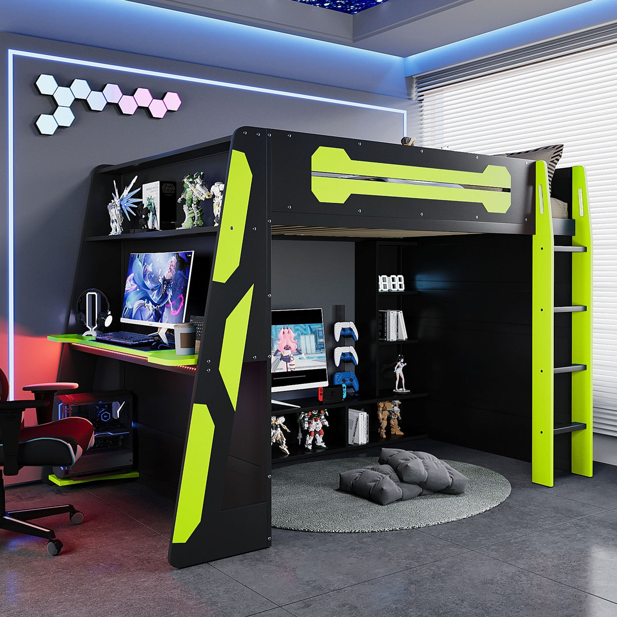 Full Size Wood Loft Bed with Desk, Multi-storage Shelves and RGB Light