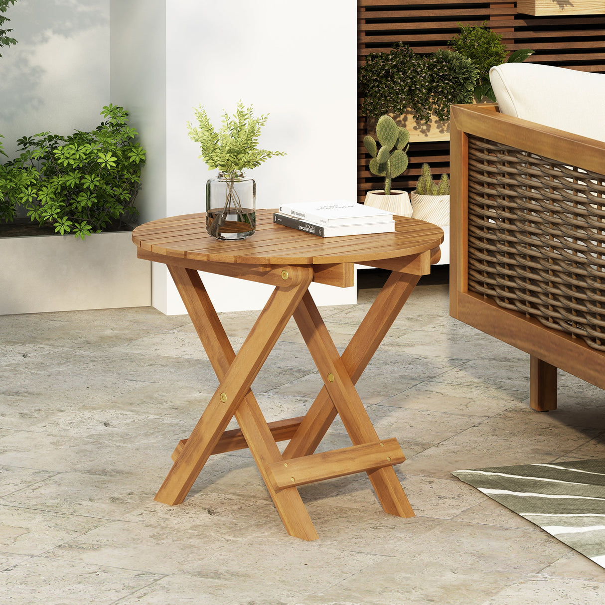 Patio Conversation Set with Foldable Acacia Wood Side Table and Cushions