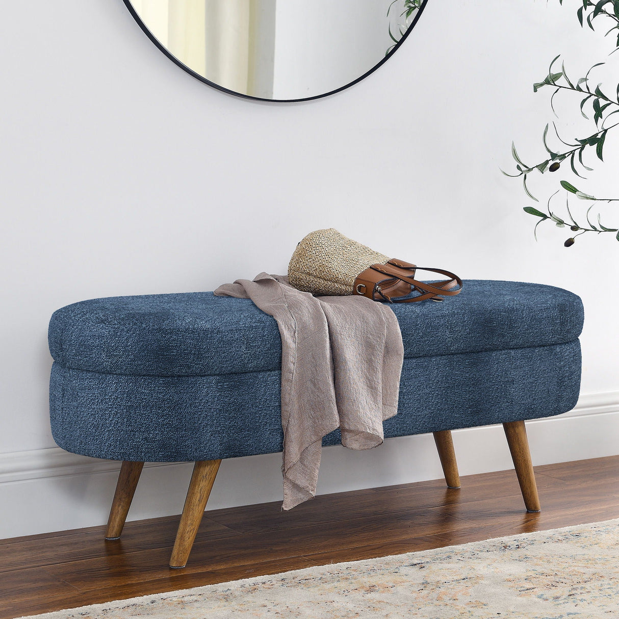 Modern Ottoman Oval Storage Bench with Rubber Wood Legs