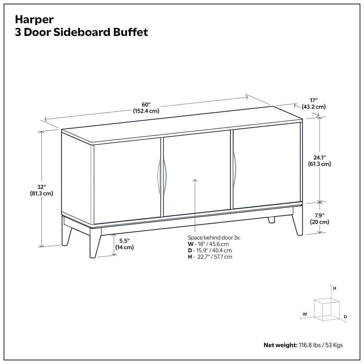 Harper - 3 Door Sideboard Buffet / Storage Cabinet - Walnut Brown