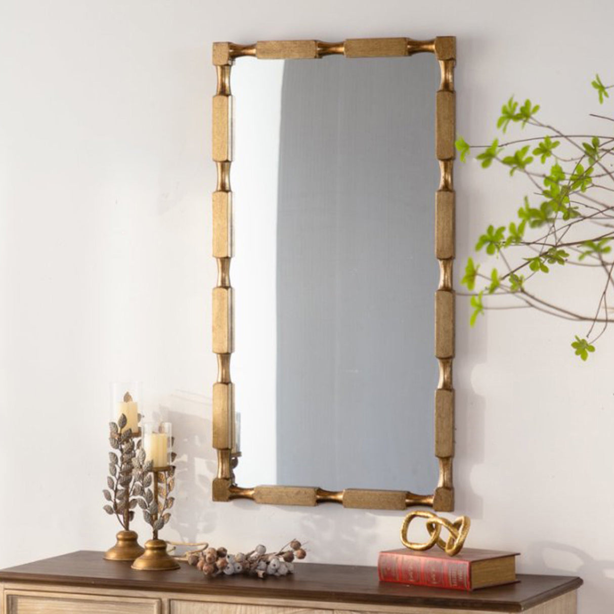 Gold Bamboo-Style Rectangular Wall Mirror, Textured Frame for Living Room/Bedroom/Entryway Decor