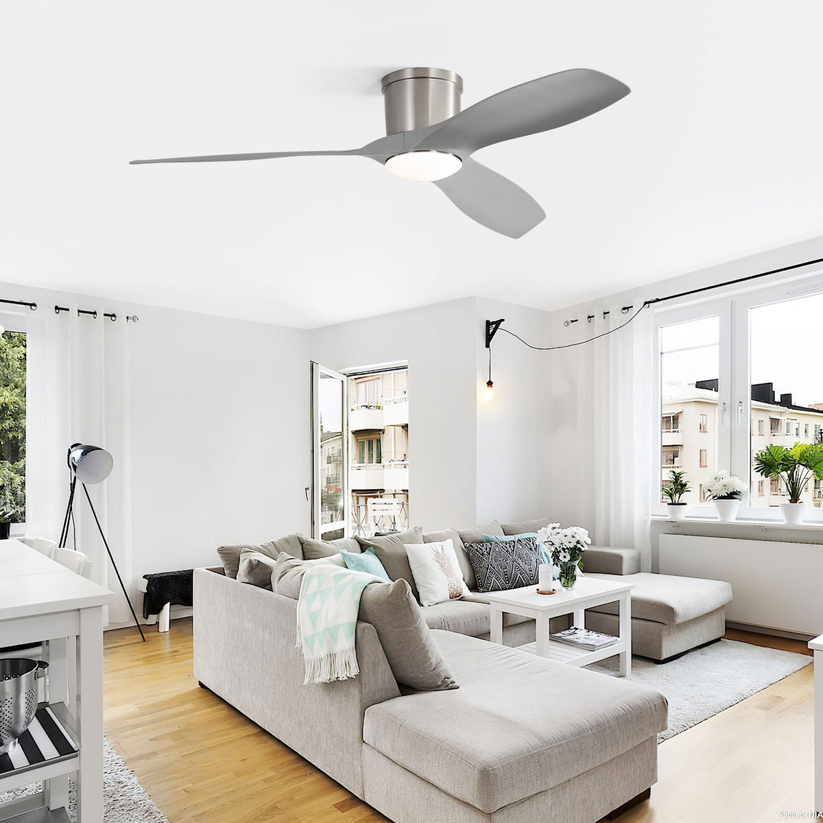 Flush Mount Ceiling Fan With Dimmable LED Light and Reversible DC Motor - Pearl Silver or Light Brown