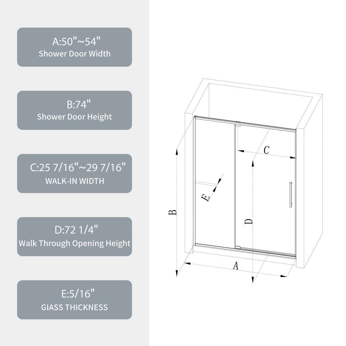50-54"W x 74"H Pivot Shower Door with 5/16" Tempered Glass - Brushed Nickel Finish