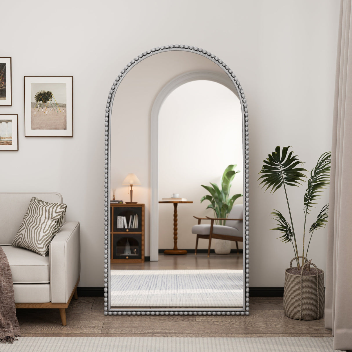 Iron Arch Retro Full Length Mirror with Supporting Feet in Silver