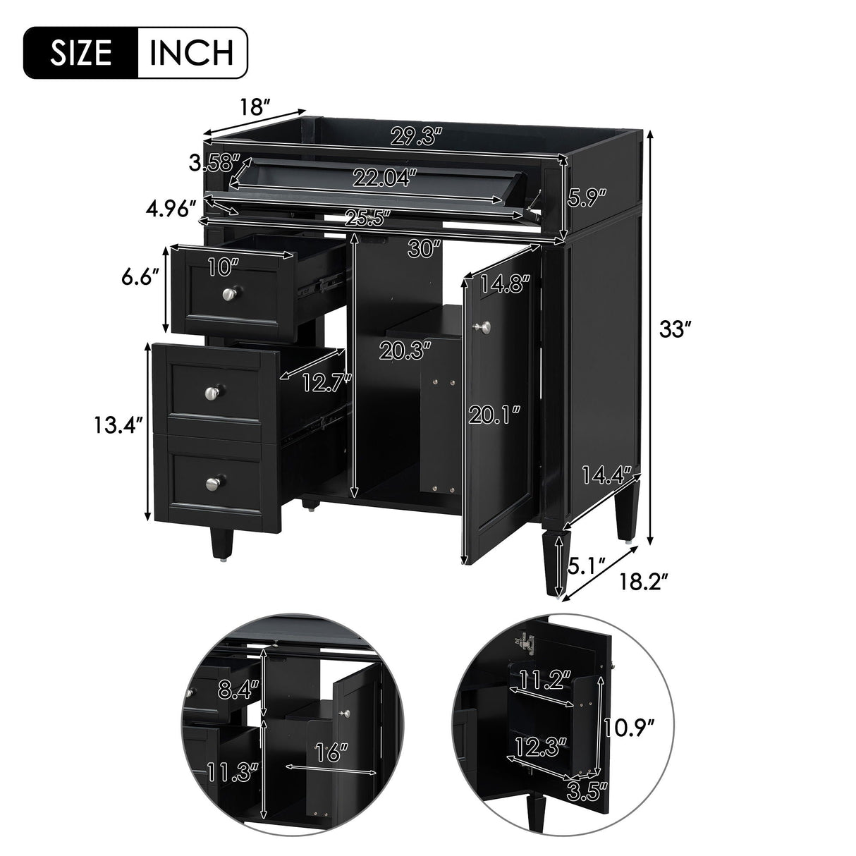 Bathroom Vanity With 2 Drawers and Tip-Out Drawer Storage Cabinet