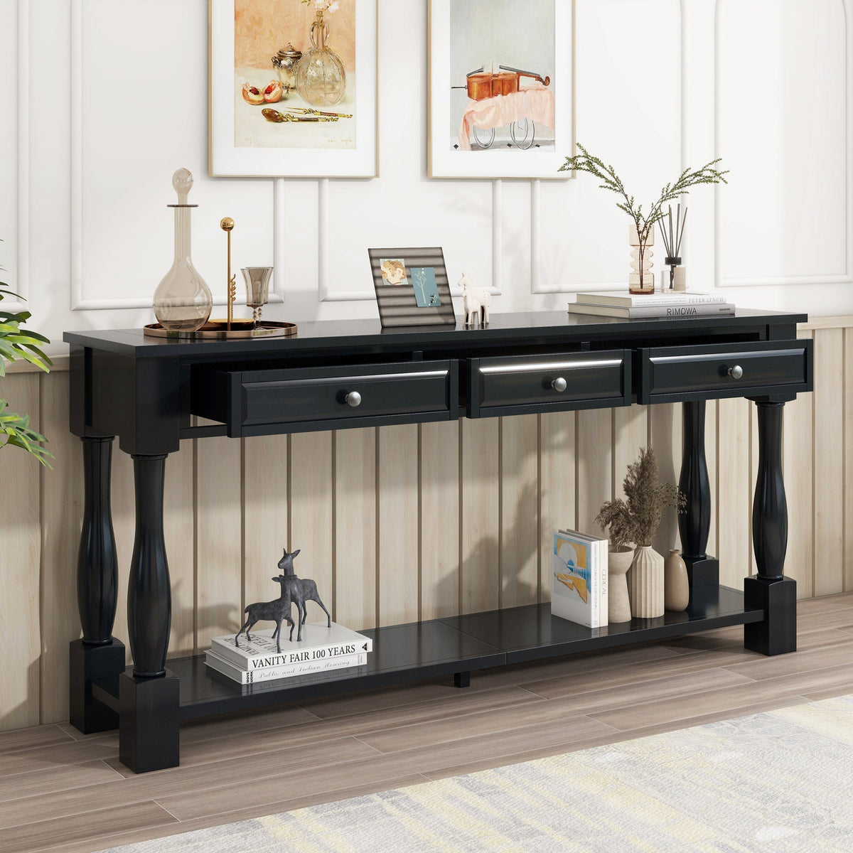TREXM 63" Long Console Table with Drawers and Shelf