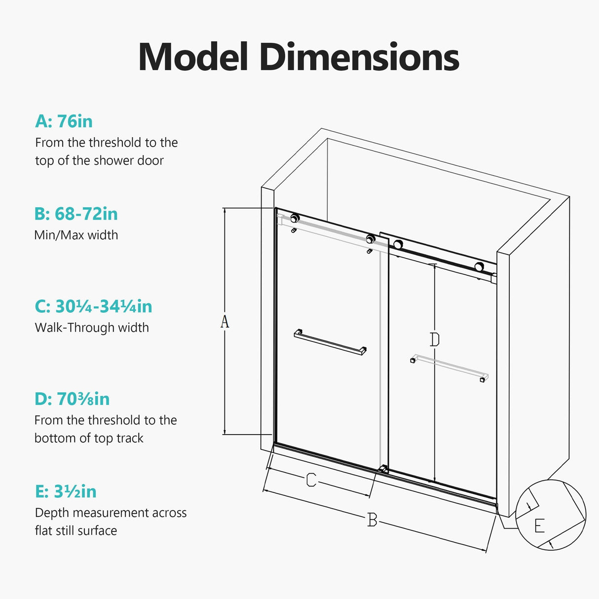 Frameless Double Sliding Soft Close Shower Door, Tempered Glass