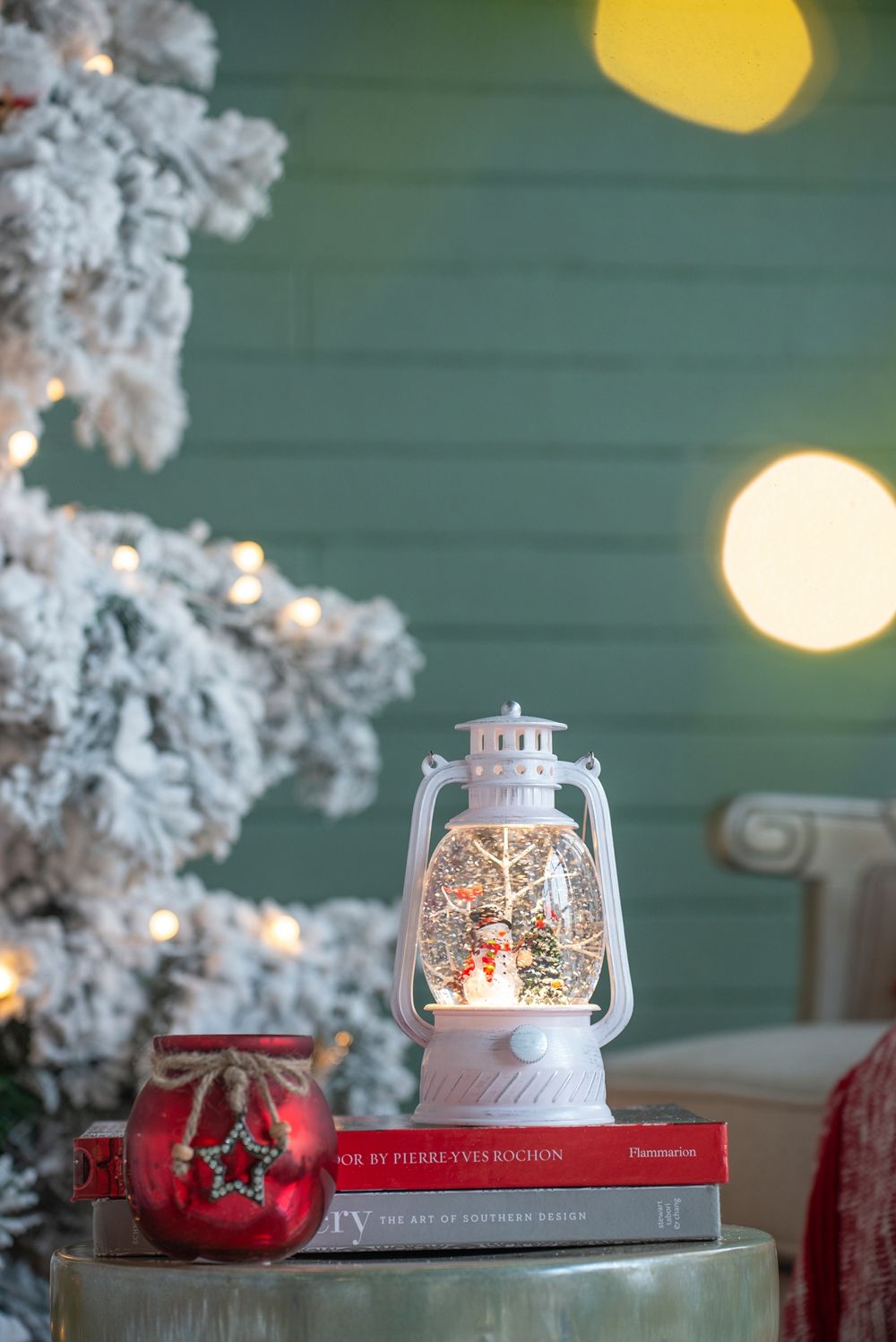 Christmas Plastic / Resin Lantern With Snowman & Tree LED / Water Spinning / 6 Hours Timer, 3*AA Batteries Required - White / Multi