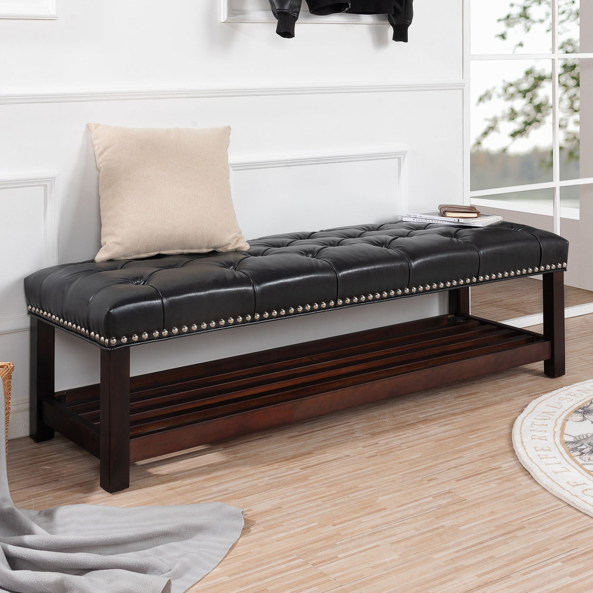 Bedroom End Of Bed Bench Tufted Upholstered End Of Bed Bench End Of Bed Entrance Shoe Bench With Nailhead Trim And Shelf Bedroom Upholstered Bench Living Room Shoe Rack Footstool