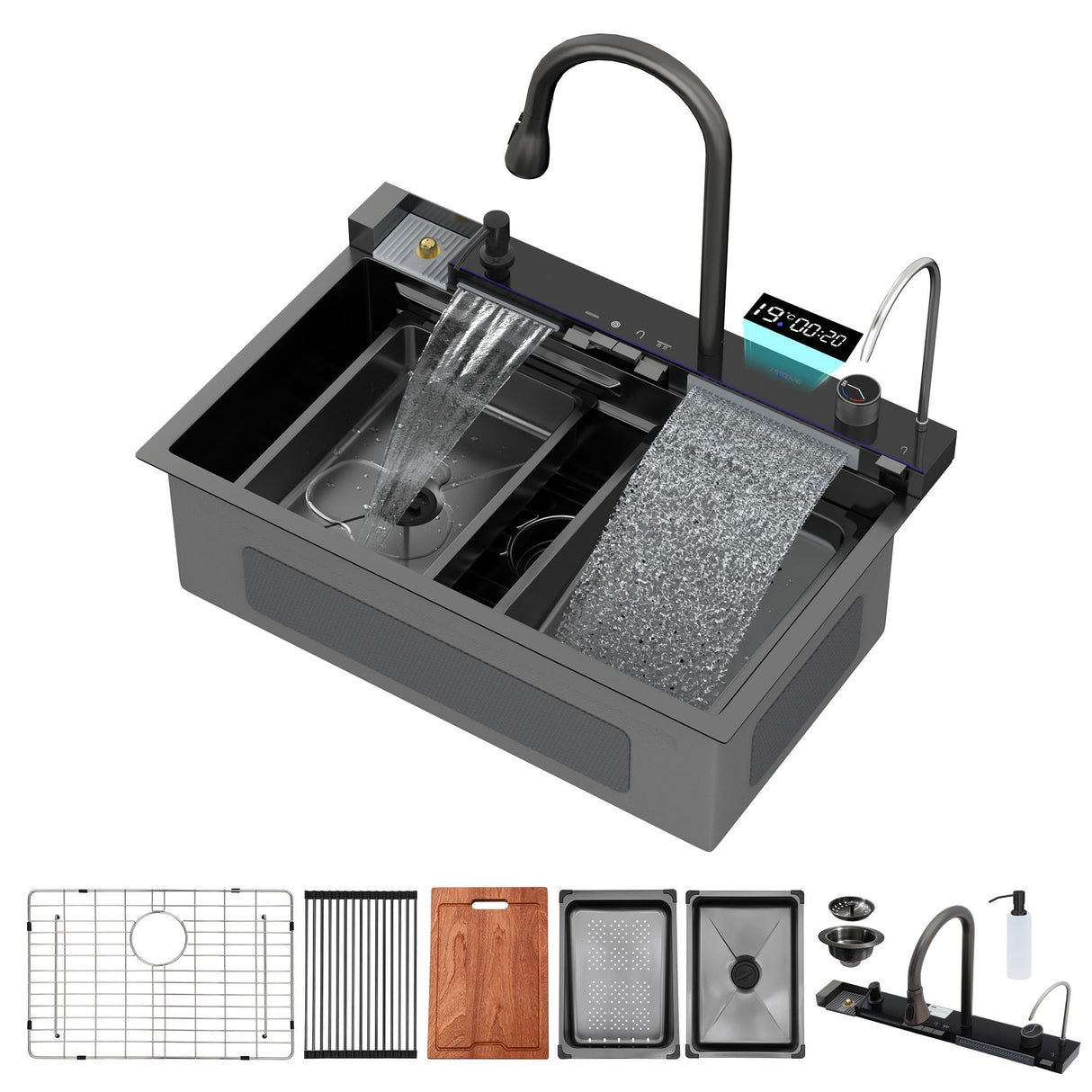 30" Whale Digital Waterfall Kitchen Sink with LED Display, 16 Gauge, Gunmetal Black