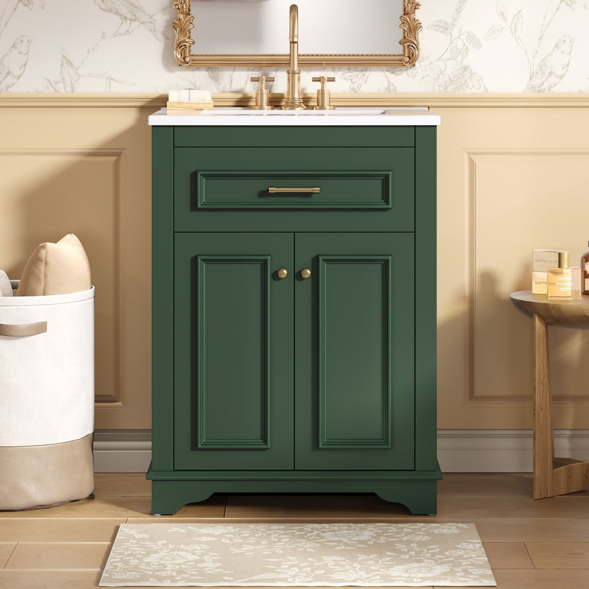 Bathroom Vanity with Integrated Sink and Storage Cabinet - Dark Green, Black, White