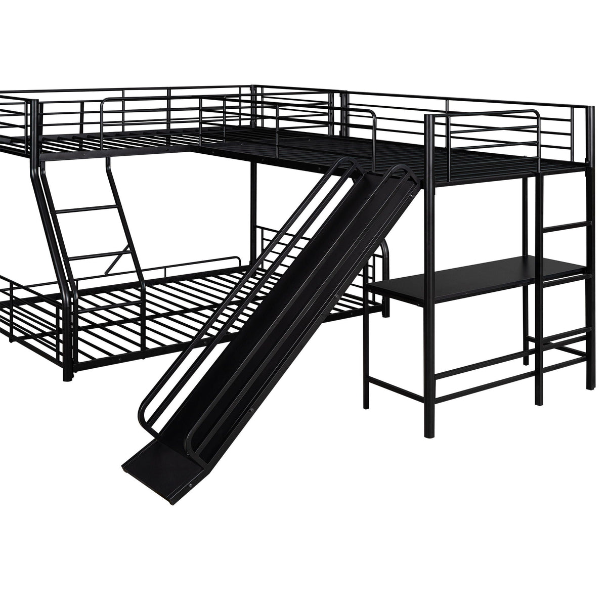 L-Shaped Twin Over Full Bunk Bed With Twin Loft, Built In Desk And Slide - Black