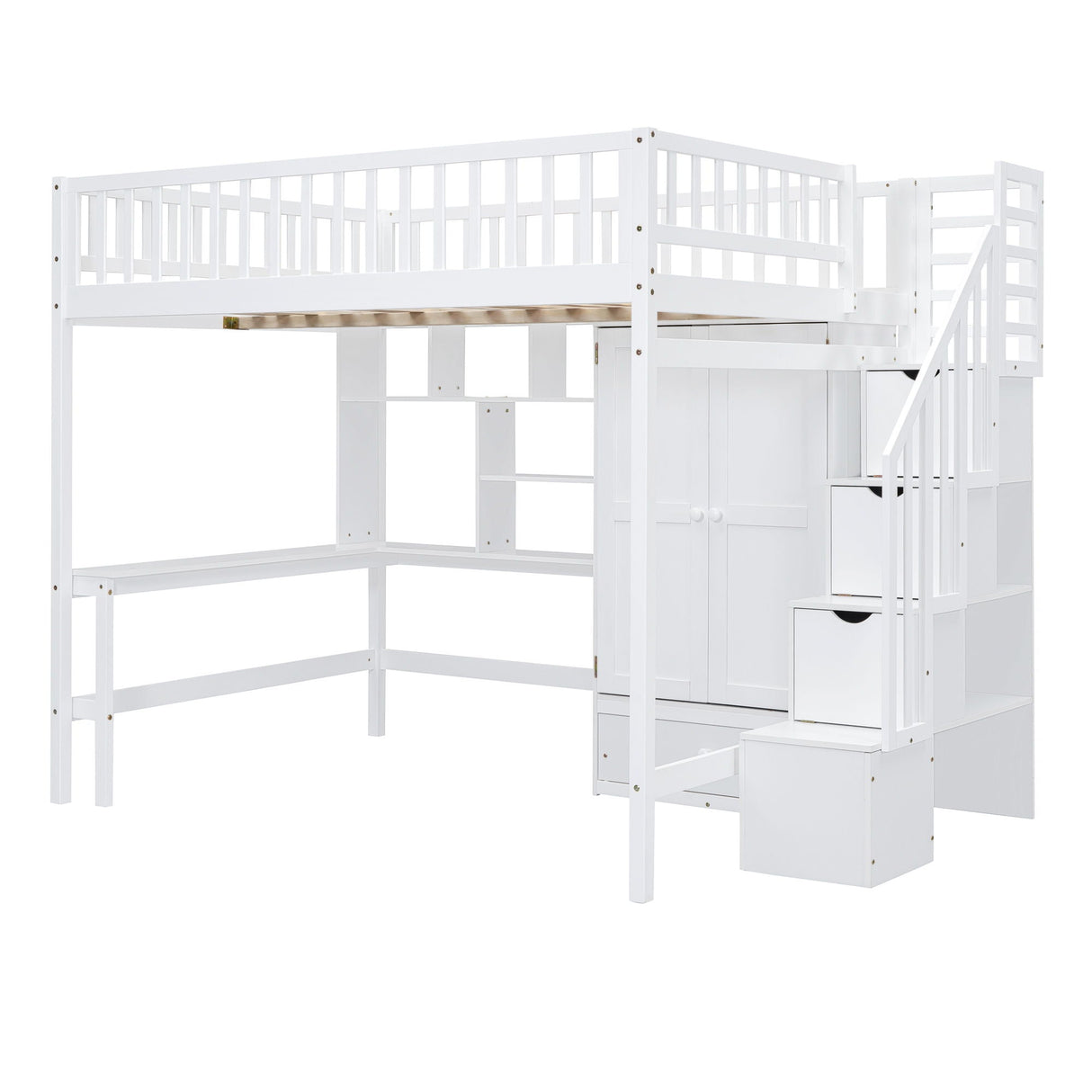 Loft Bed With Bookshelf, Drawers, Desk, And Wardrobe