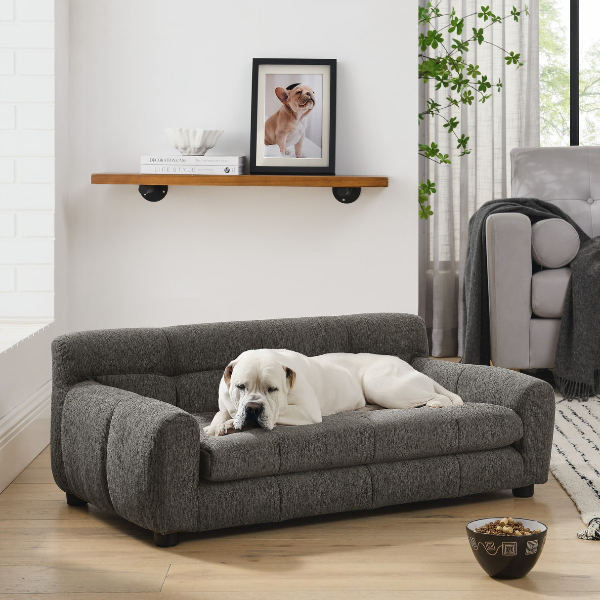 Modern-Dark-Gray-Pet-Sofa-with-Backrest-and-Armrests,-Linen-Fabric,-38'x14.5'x22'-Pet-Bed