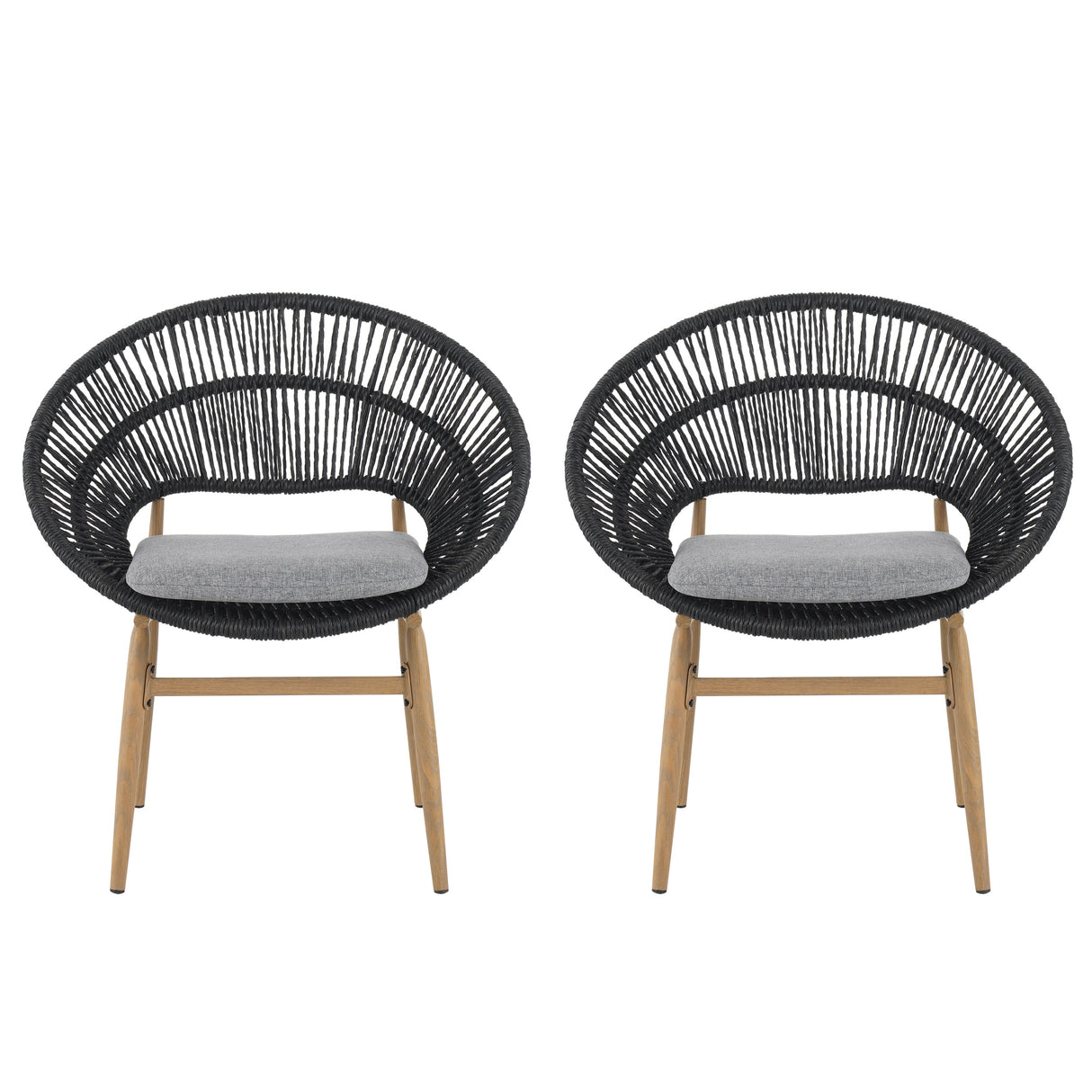 Cyril Outdoor Wicker Papasan Style Dining Chair with Teak Finished Leg and Dark Gray Faux RattanGray CushionSet of 2