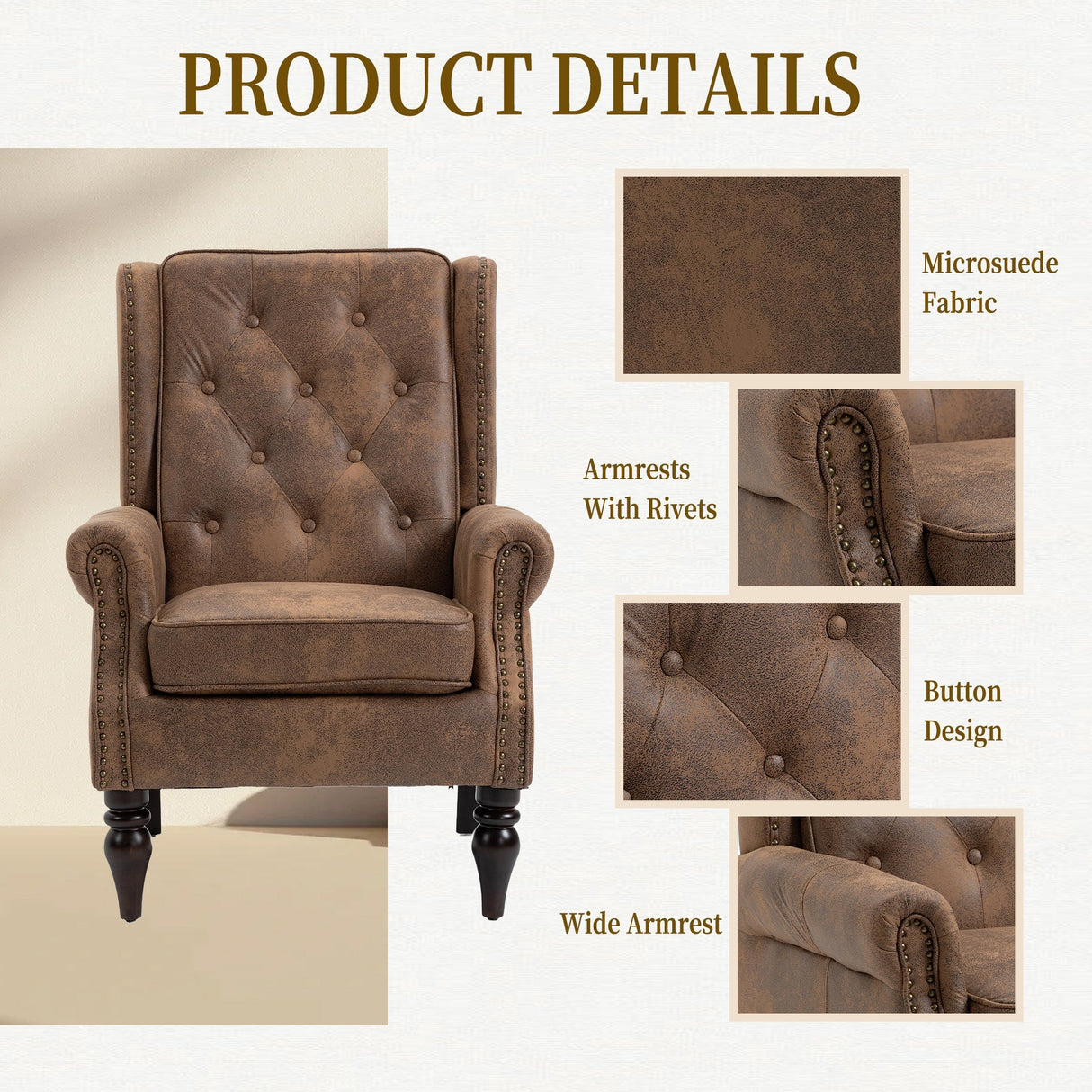 Modern Coffee Wood Frame Armchair with Microsuede Upholstery