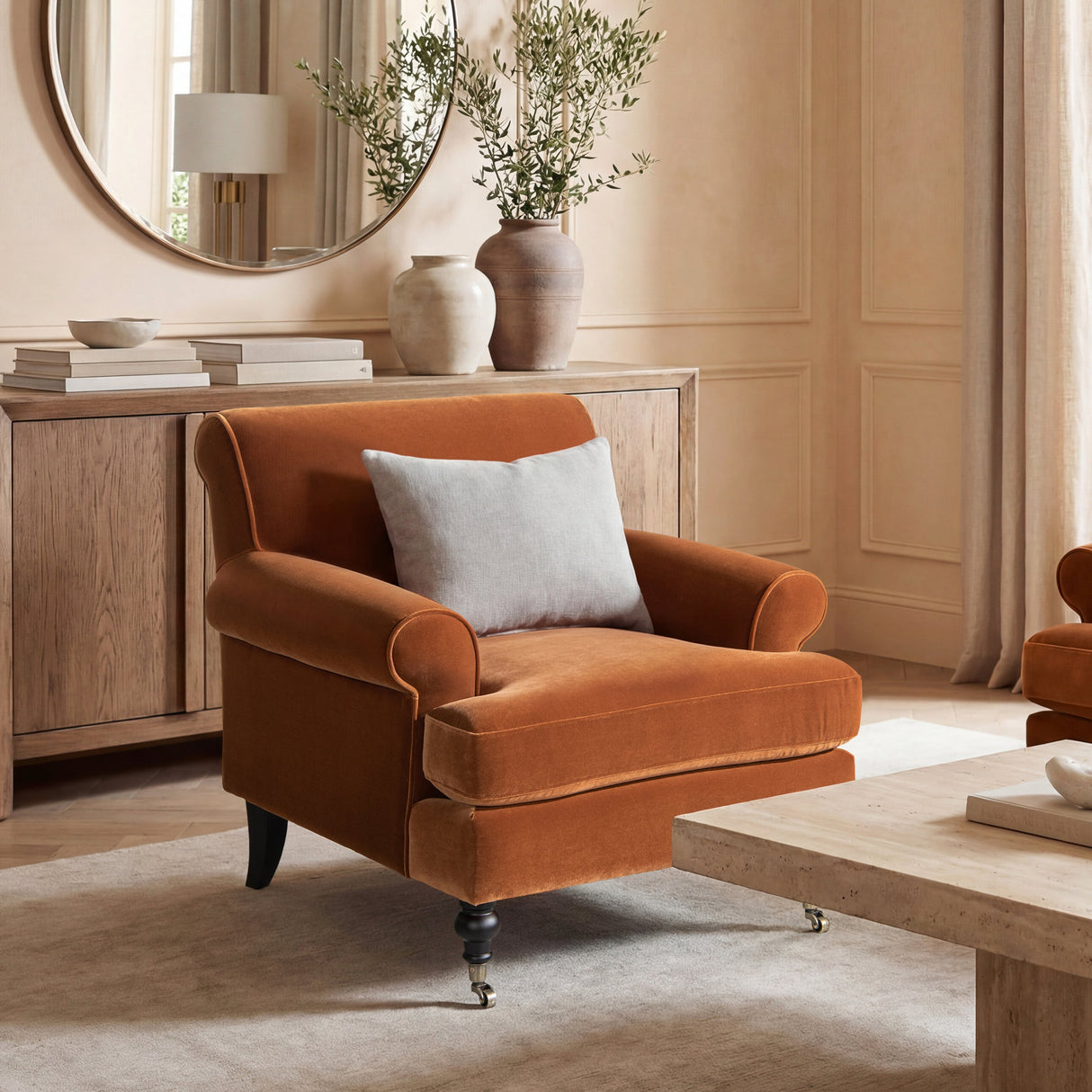 Alana 38' Lawson Accent Arm Chair Metal Casters, Burnt Orange Performance Velvet