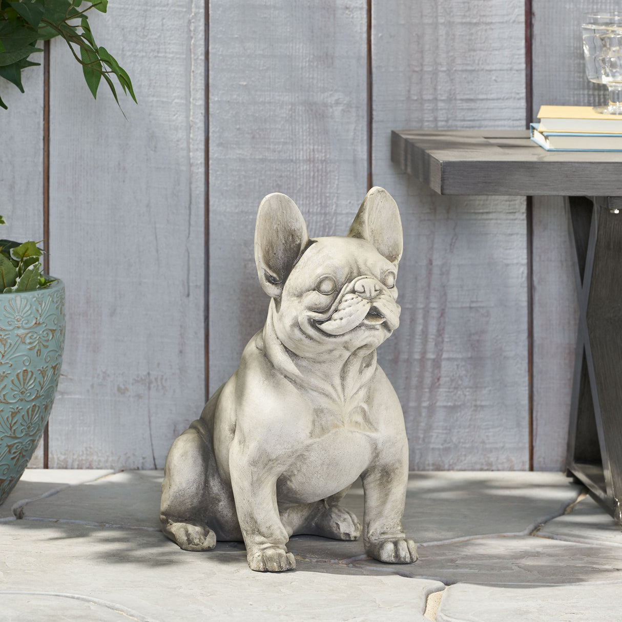 Dog Garden Sculpture, Outdoor French Bulldog Garden Statue, Rustic White