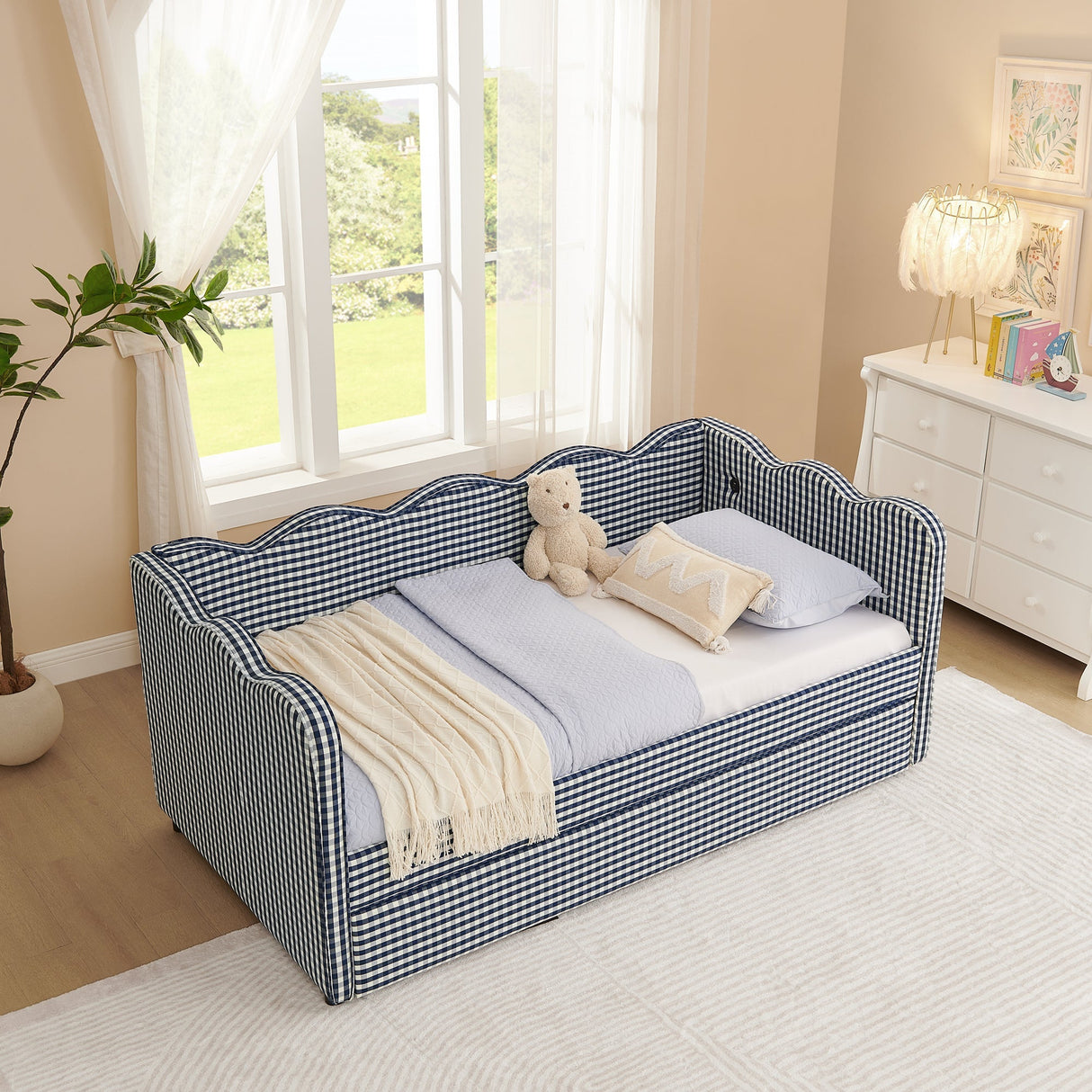 Cozy Gingham Daybed with Trundle Twin Size Sofa Bed