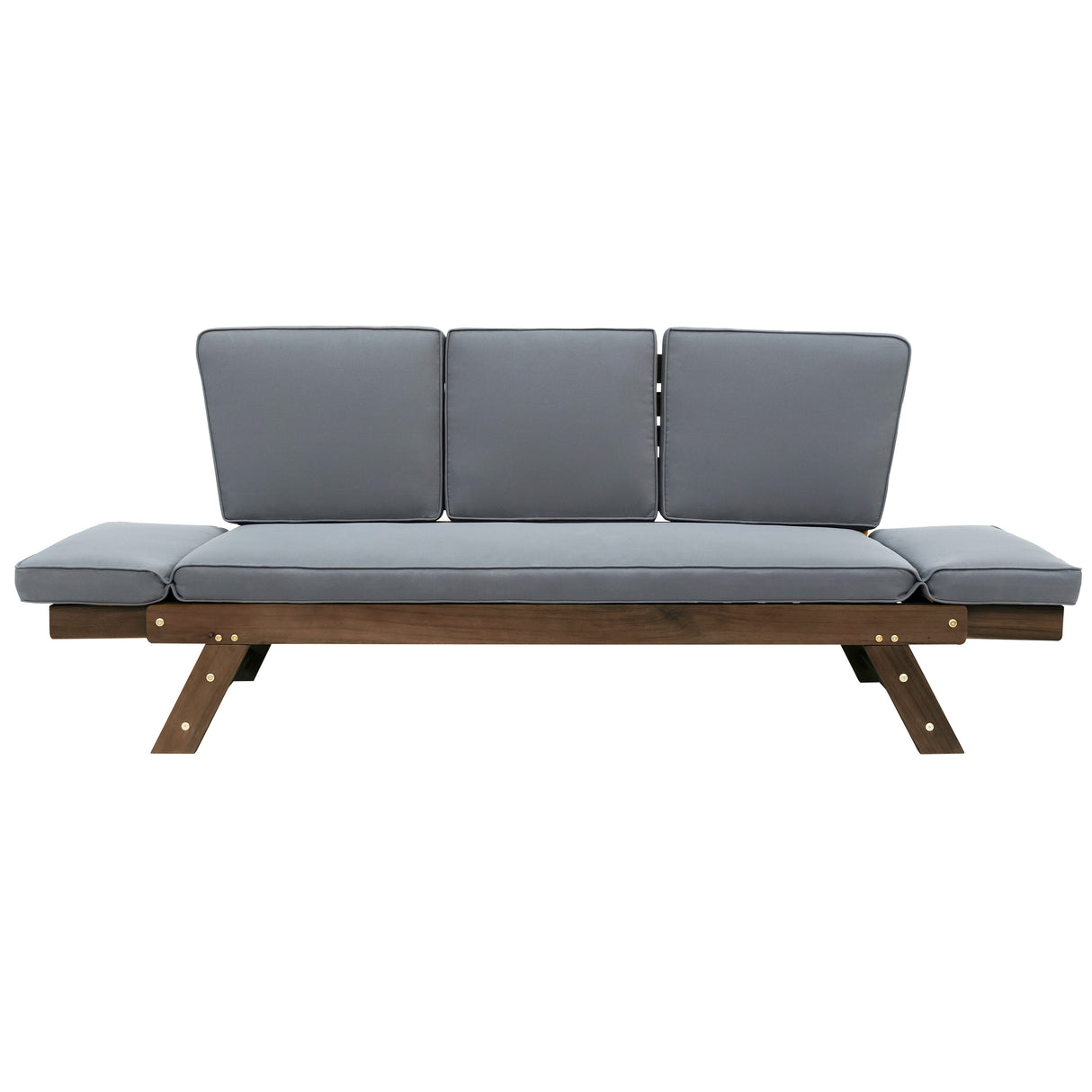 Outdoor adjustable patio wooden daybed sofa chaise lounge with cushions for small places, brown finish+gray cushion