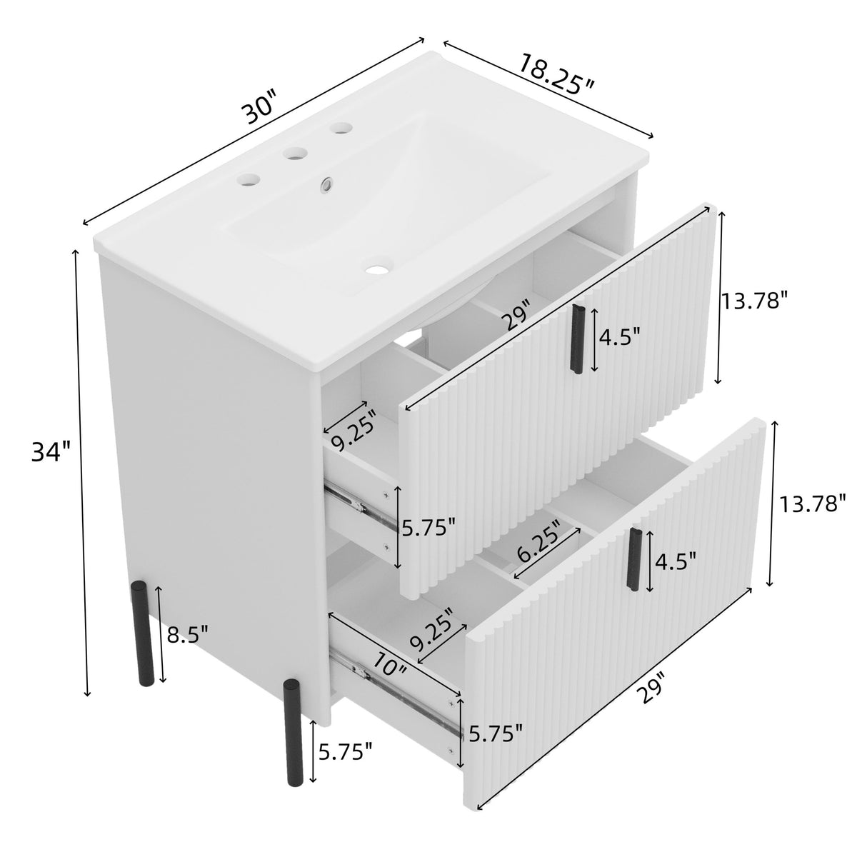 White Fluted Bathroom Vanity with Ceramic Sink and Soft Close Drawers