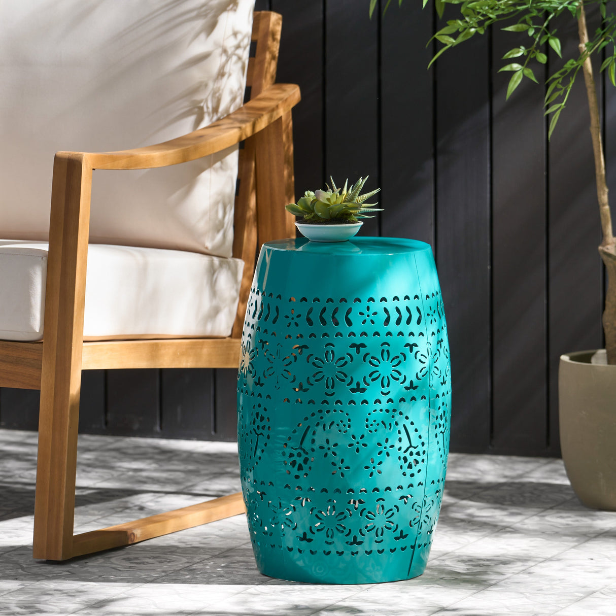 12' Outdoor Lace-Cut Side Table, Teal